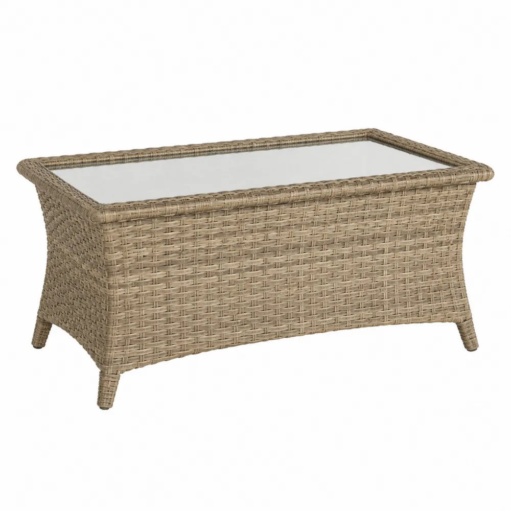 Rechteckiger Gartentisch aus Rattan mit Glasplatte, 120x60x45 cm, Beige