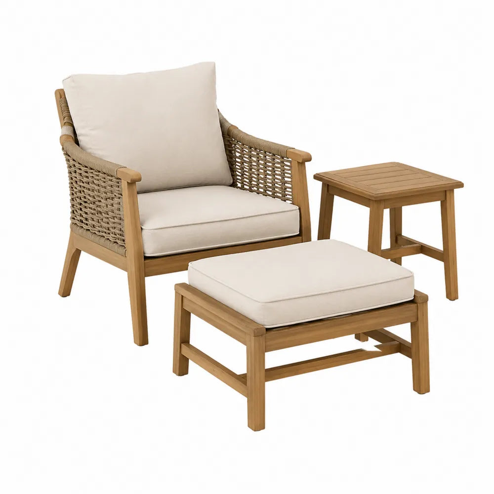 Teakholz Gartenset mit Sessel, Hocker und Tisch, Beige