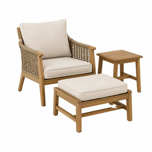 Teakholz Gartenset mit Sessel, Hocker und Tisch, Beige